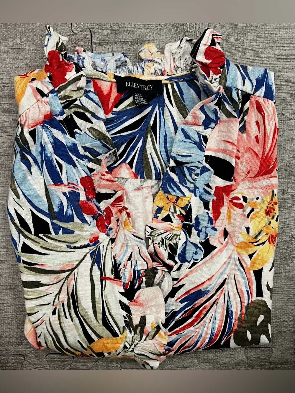 Ellen Tracy Multicolor Tropical Floral Ruffle V-Neck Sleeveless Blouse S